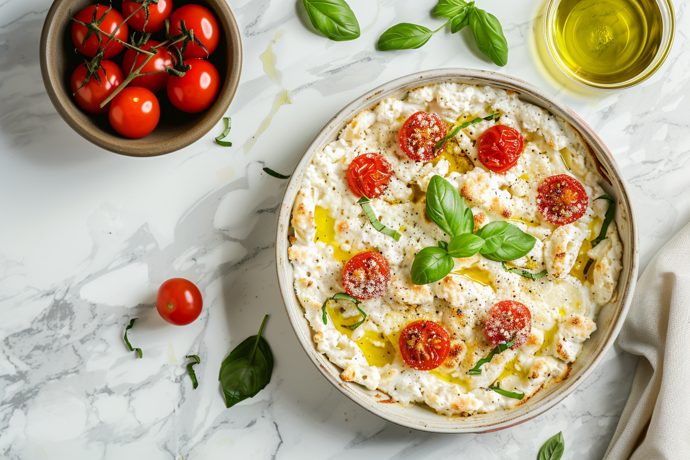 Baked feta pasta in a ceramic dish with cherry tomatoes and basil on white marble