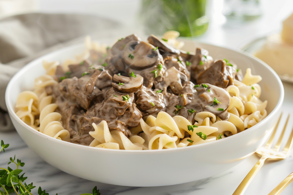 creamy beef stroganoff served over egg noodles in white ceramic bowl, steam rising, bright marble countertop