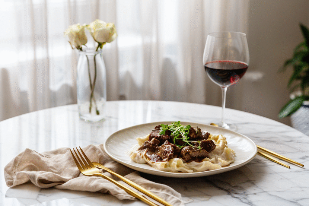 modern dinner table with plated beef stroganoff, glass of red wine, gold cutlery, natural daylight