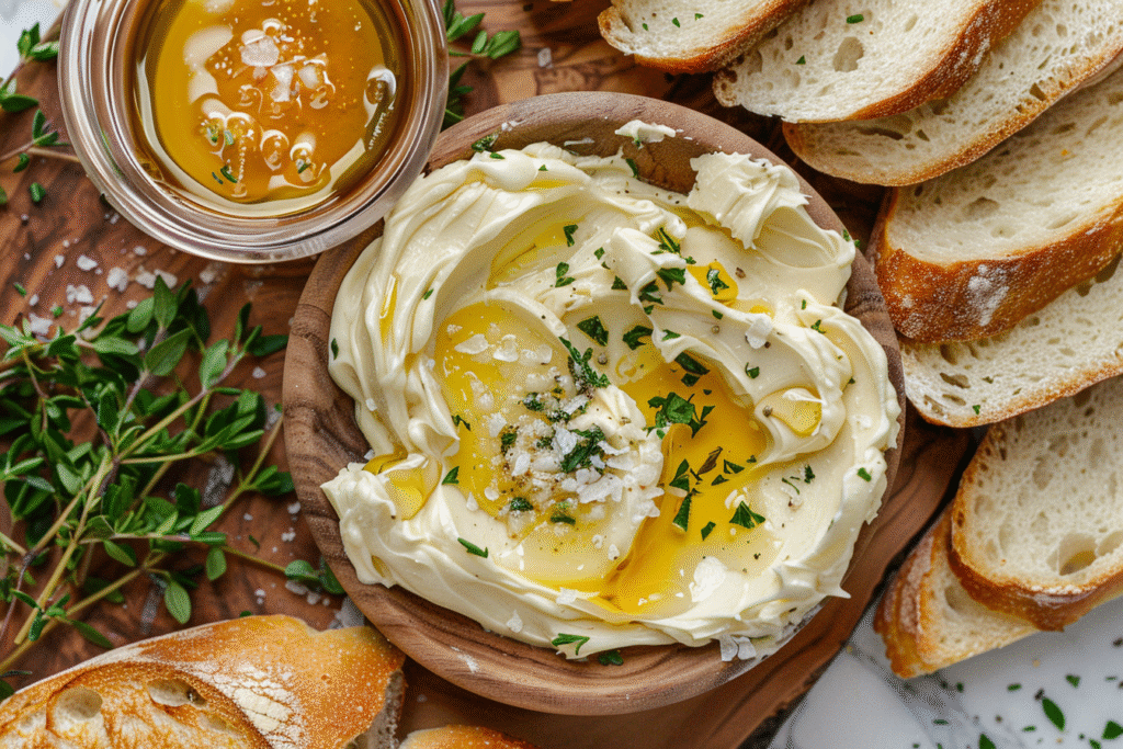 Butter board topped with herbs, honey, and flaky salt on marble surface.