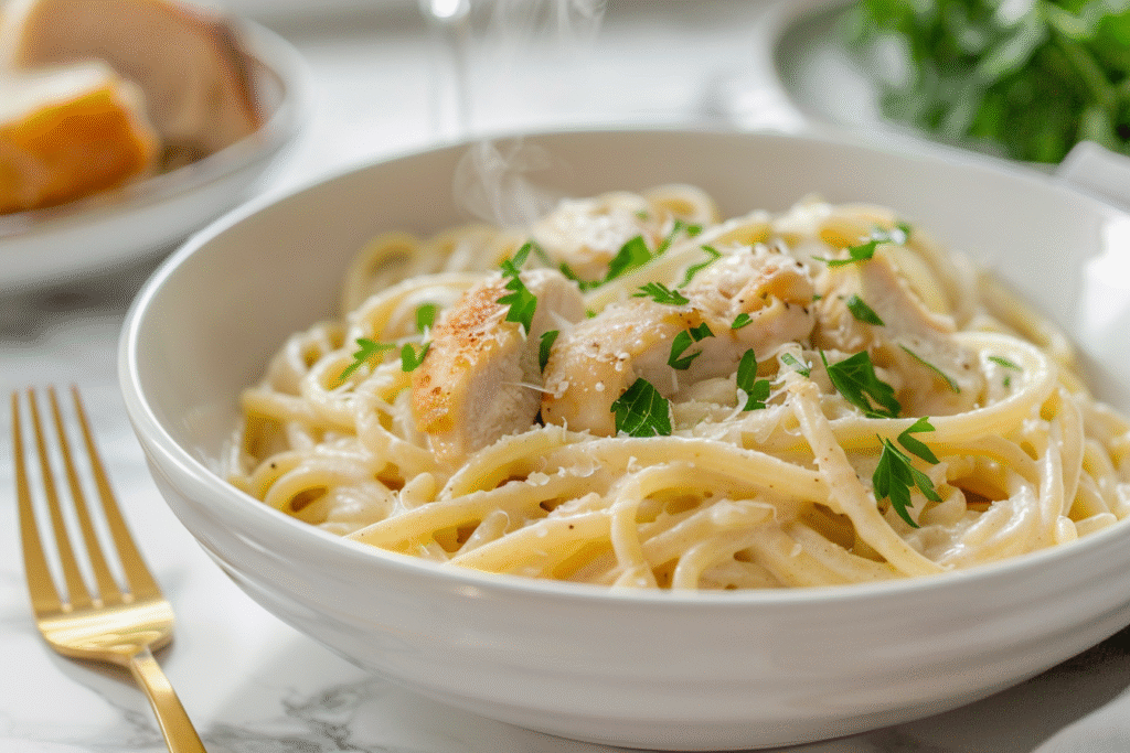 creamy chicken alfredo pasta in white ceramic bowl on marble countertop, steam rising, elegant bright scene