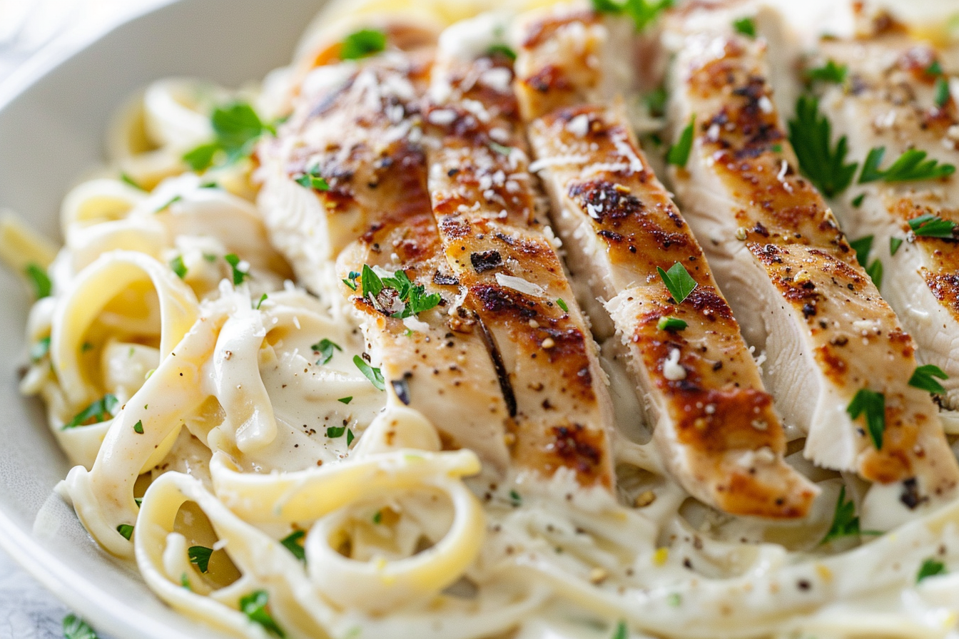 close-up of chicken alfredo pasta recipe with creamy parmesan sauce and sliced chicken, bright marble background