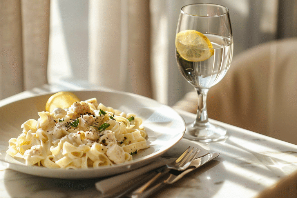 modern dinner table with plated chicken alfredo pasta, sparkling water glass, and soft natural daylight