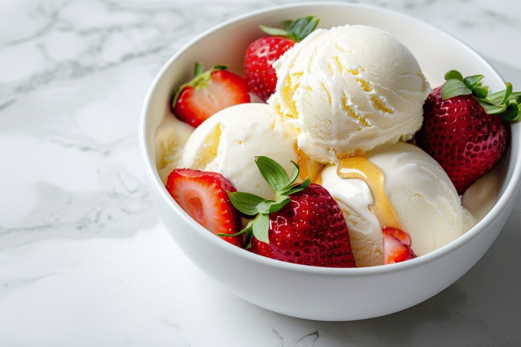 Cottage cheese ice cream scoops with strawberries and honey drizzle in white bowl
