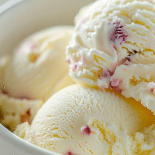 Close-up of creamy cottage cheese ice cream with fruit swirls.