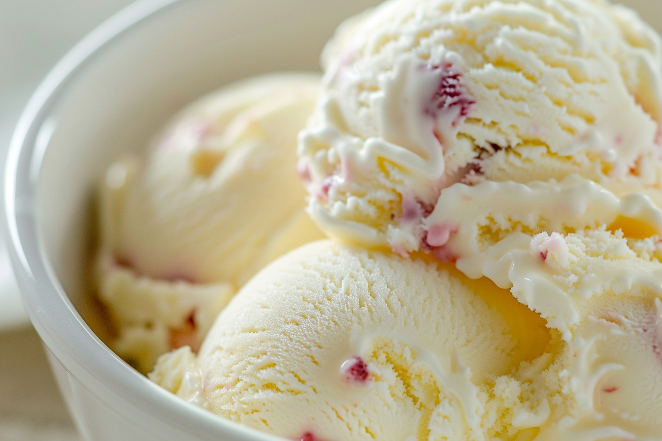 Close-up of creamy cottage cheese ice cream with fruit swirls.