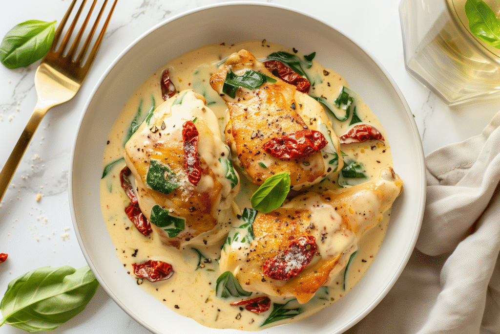 creamy tuscan chicken in white skillet with parmesan sauce, sun-dried tomatoes and spinach