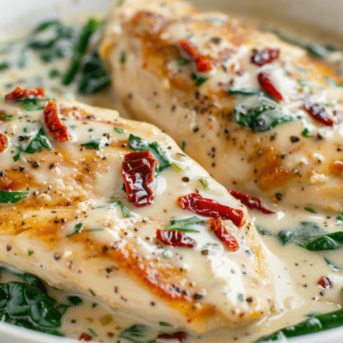 close-up of creamy tuscan chicken recipe with spinach, sun-dried tomatoes and parmesan cream sauce