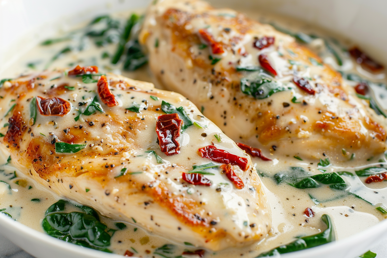 close-up of creamy tuscan chicken recipe with spinach, sun-dried tomatoes and parmesan cream sauce