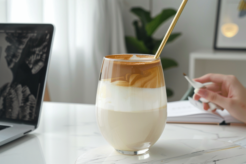 Dalgona coffee served in a stemless wine glass