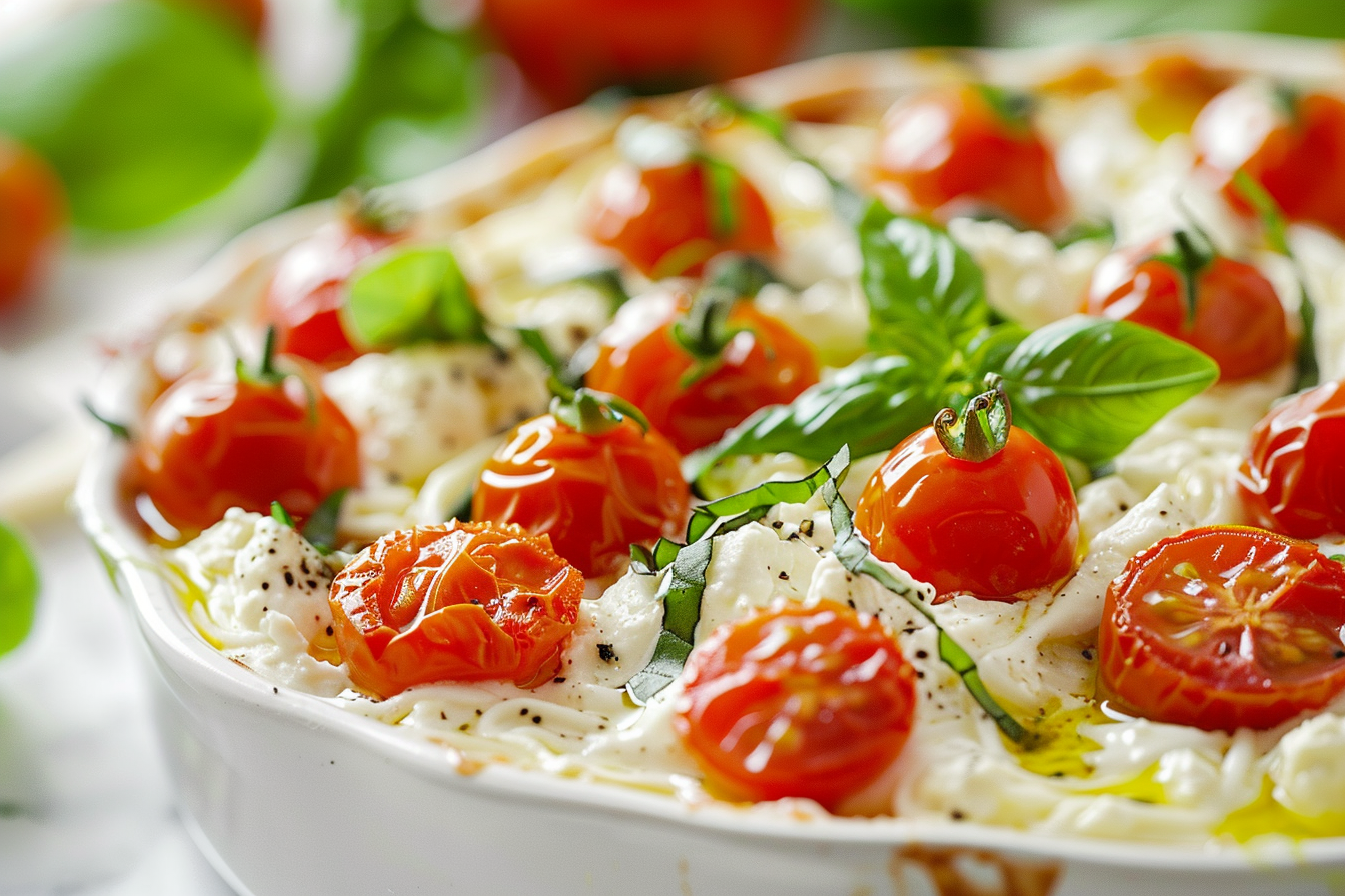 Close-up of baked feta pasta with melted feta, roasted tomatoes, and olive oil