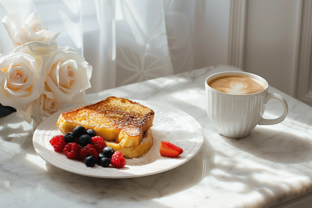 modern breakfast table with french toast, coffee cup, and berries in soft natural daylight