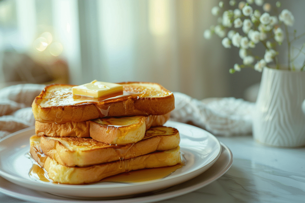 golden french toast stacked on white plate with butter and maple syrup, bright natural light in modern kitchen