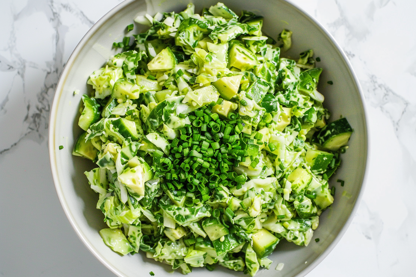 Close-up of Green Goddess Salad with glistening green dressing