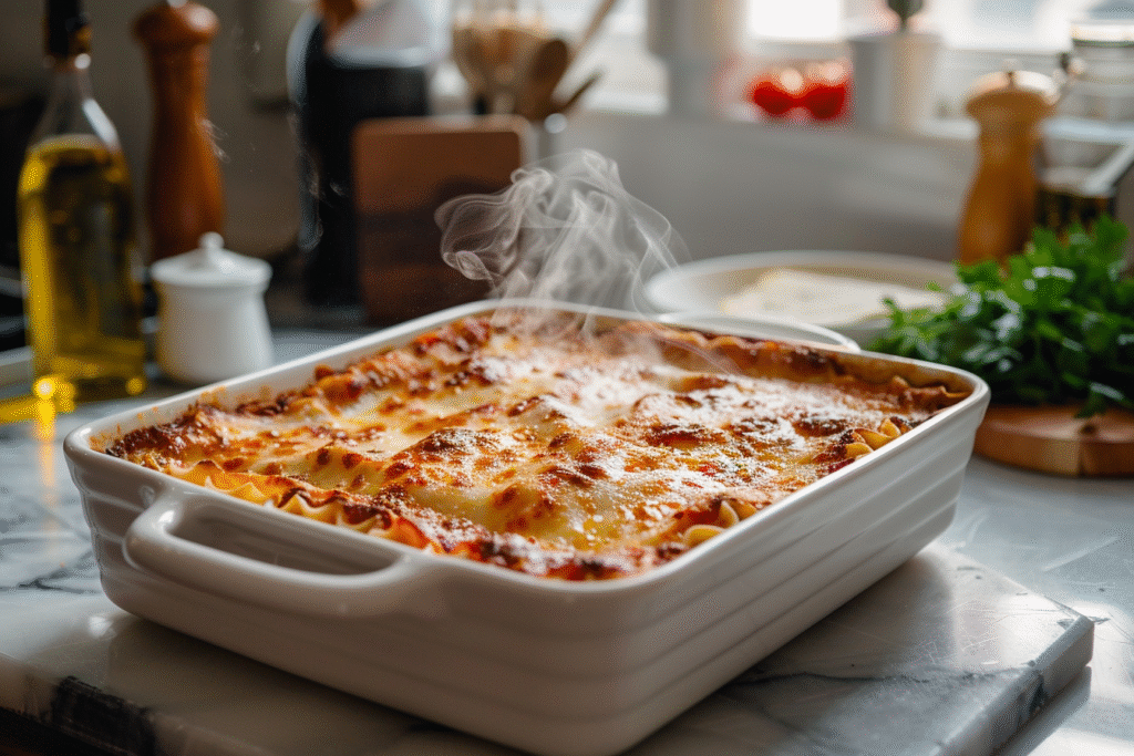 freshly baked lasagna in white ceramic dish on marble countertop, golden cheese bubbling, steam rising
