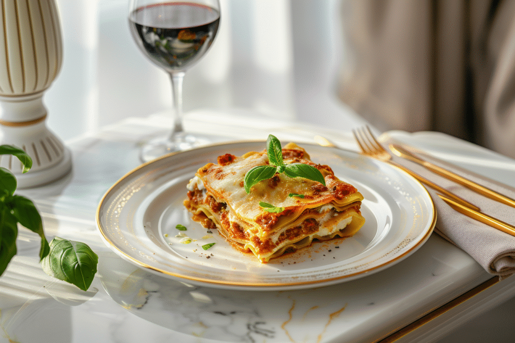modern dinner table with plated lasagna, red wine glass, basil garnish, bright natural light