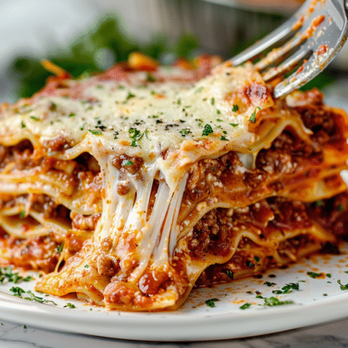 close-up of lasagna recipe slice with melted cheese stretch and rich tomato sauce layers