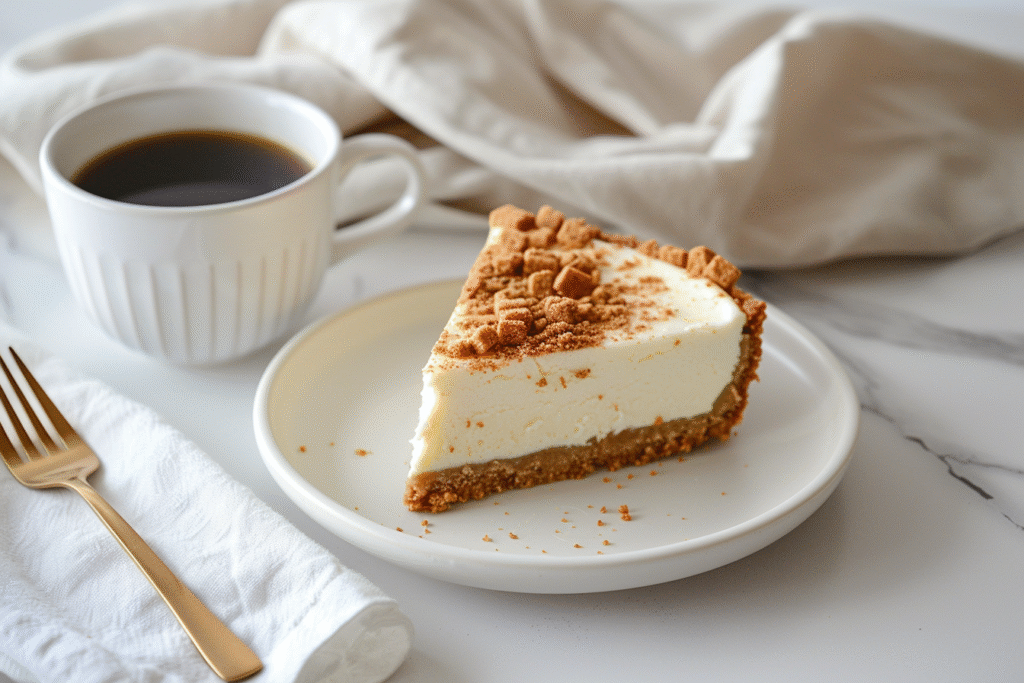 Slice of Biscoff cheesecake beside coffee cup