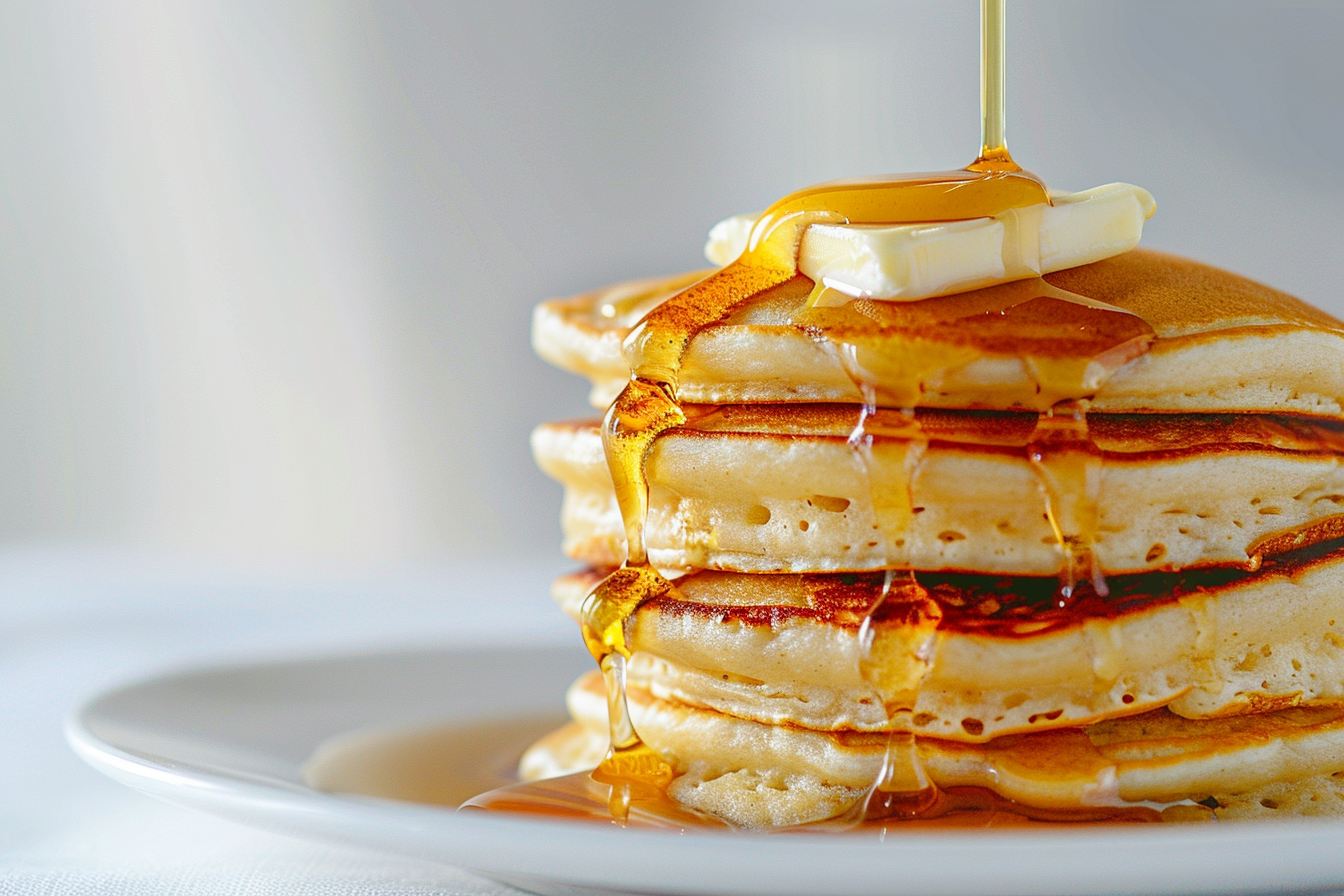 Fluffy pancakes with butter and maple syrup
