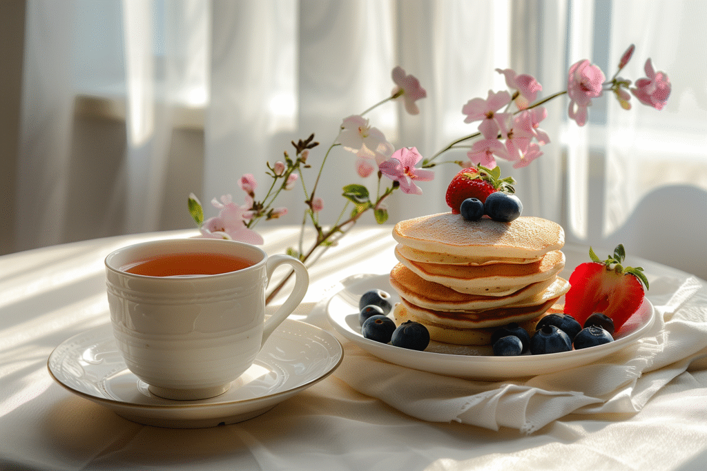modern breakfast table with pancakes, cup of tea, and small bowl of fruit in soft morning light