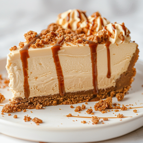 Close-up of creamy Biscoff cheesecake slice with caramel drizzle