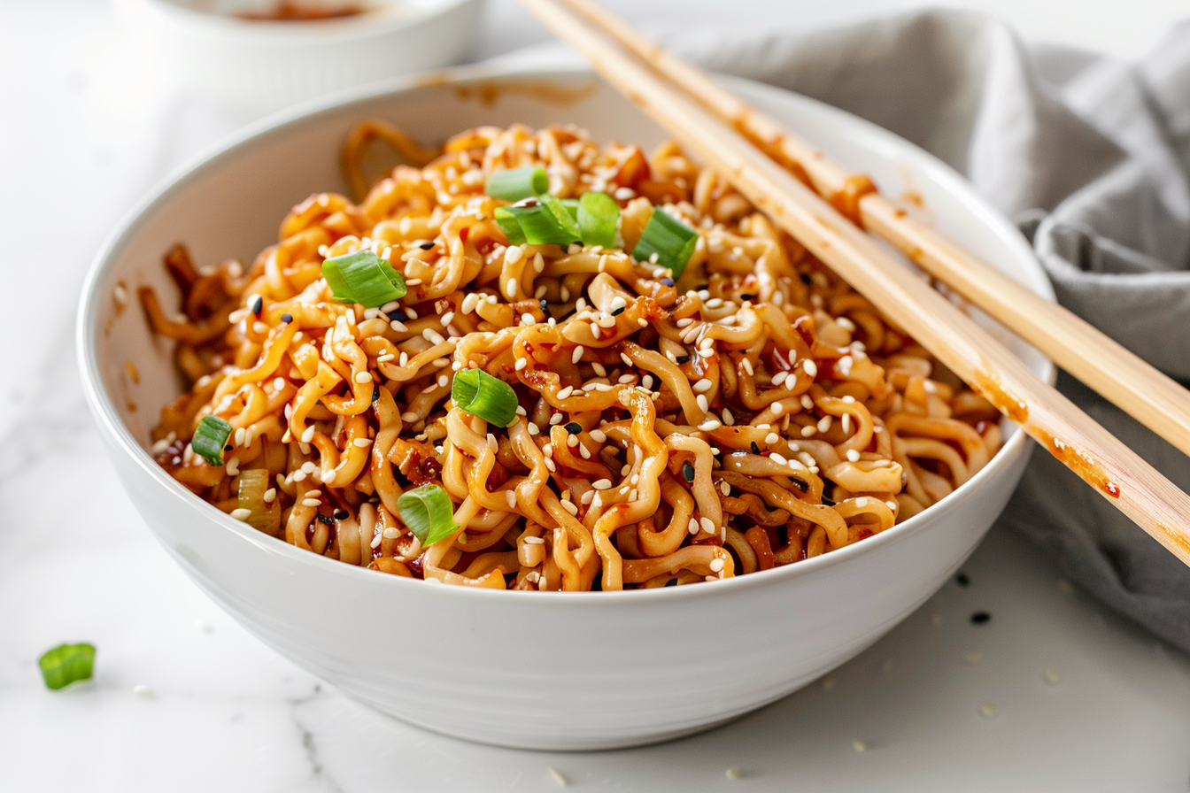 Glossy stir-fried TikTok ramen noodles with soy-butter sauce and green onions
