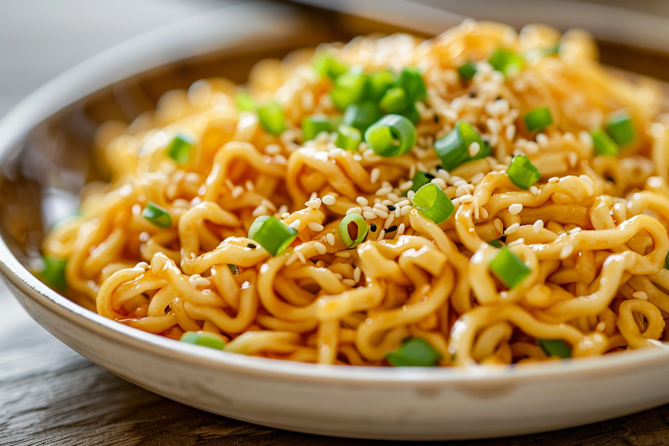 Close-up of buttery TikTok ramen noodles plated and ready to eat