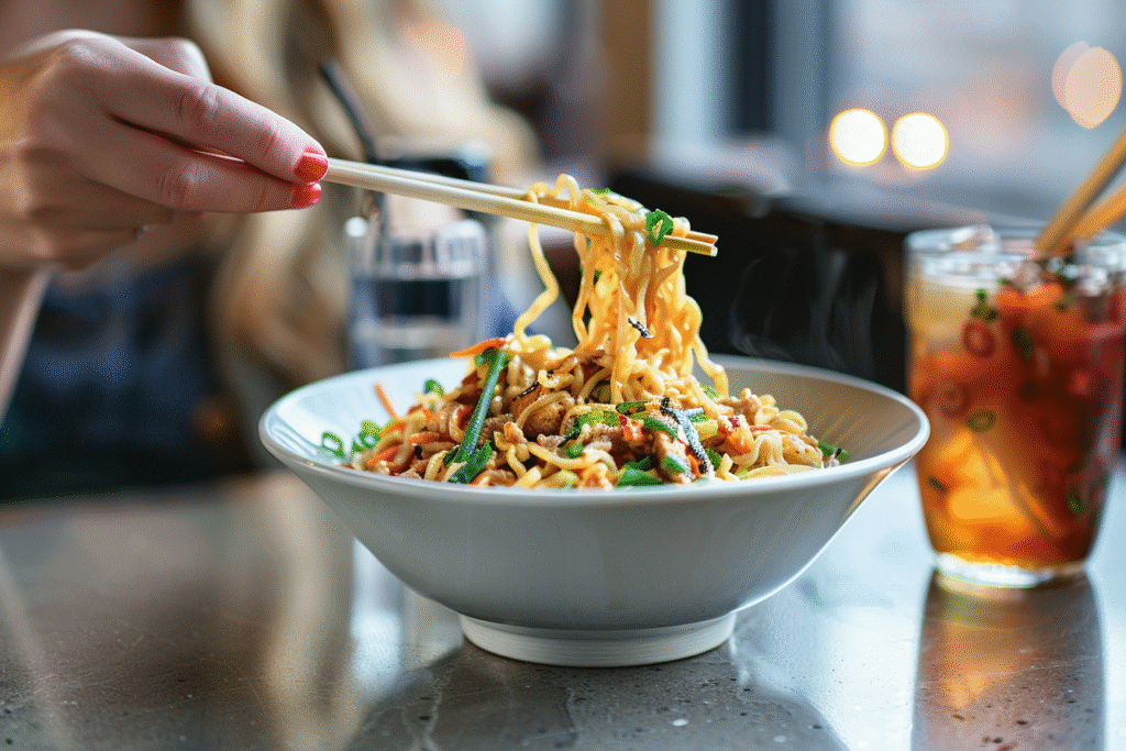 Person eating TikTok ramen noodles with chopsticks