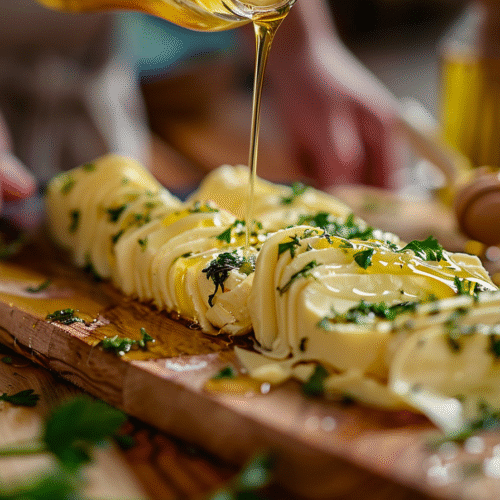 Close-up of butter board with honey drizzle and fresh herbs