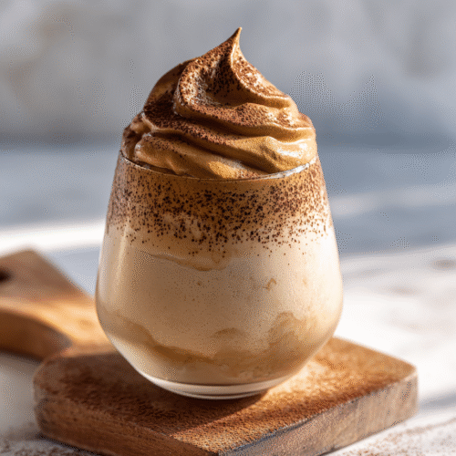 Close-up of chocolate whipped coffee dusted with chocolate