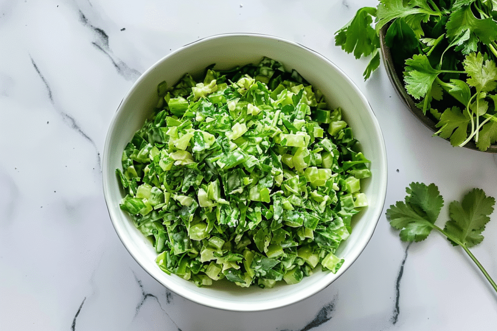 Green Goddess Salad with creamy basil dressing in white bowl