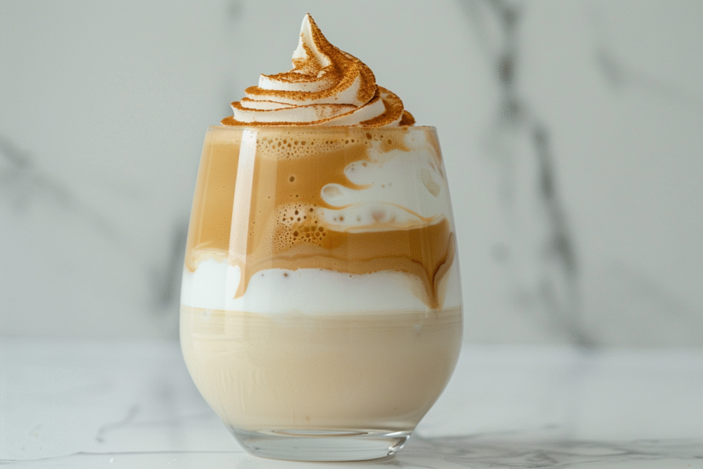 Glass of mocha whipped coffee with chocolate foam and cocoa dust