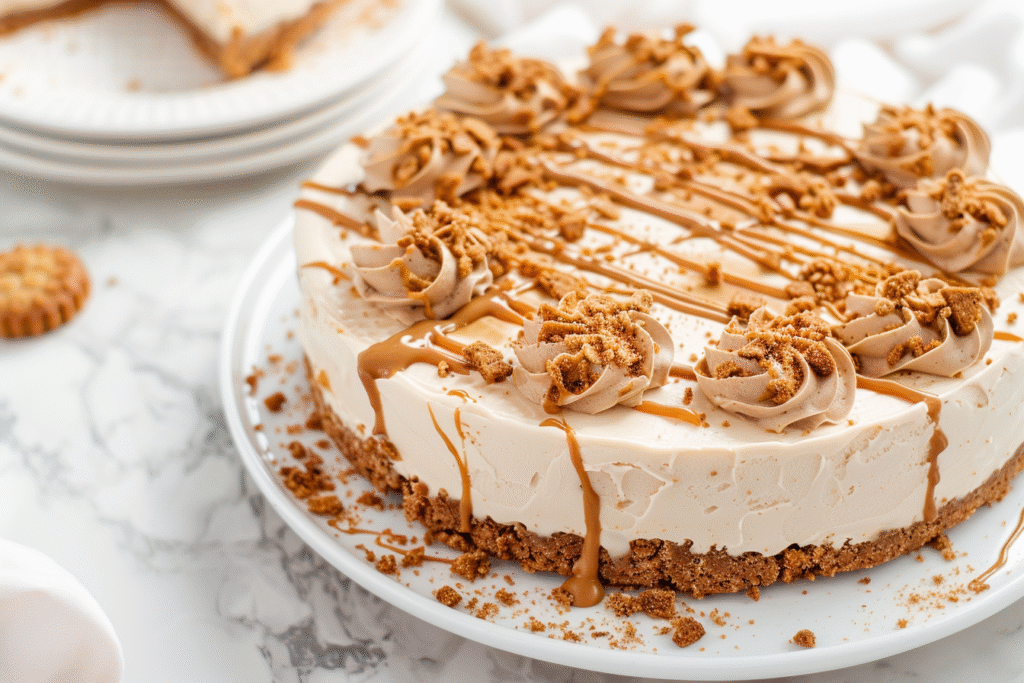 No-bake Biscoff cheesecake topped with cookie butter drizzle and crushed biscuits