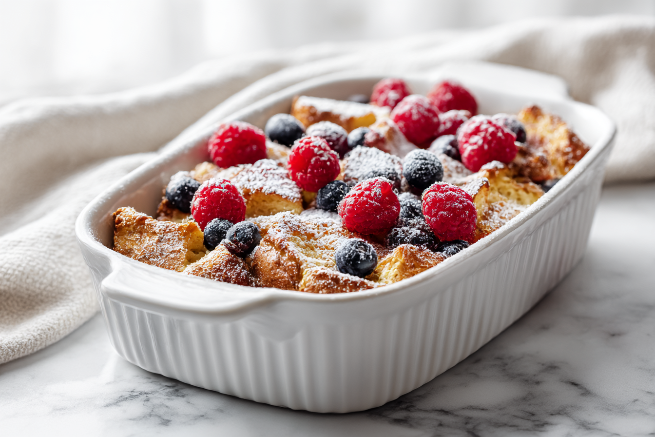 Golden baked French toast casserole in white baking dish topped with powdered sugar and berries
