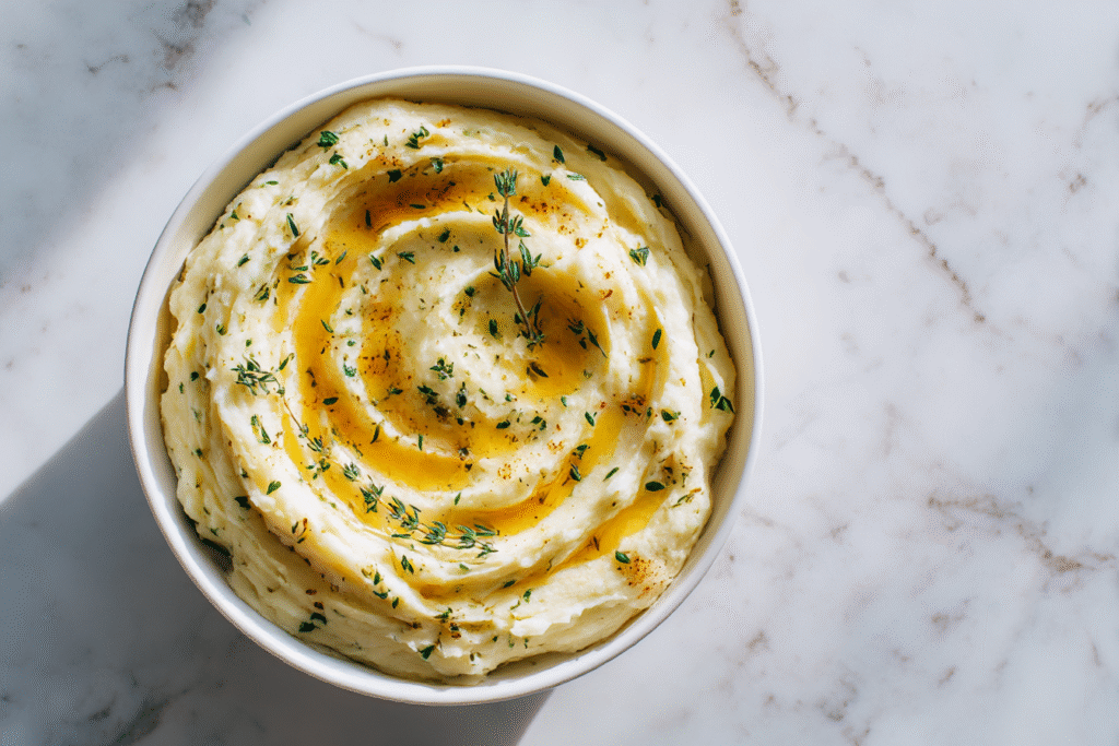 Creamy brown butter mashed potatoes with golden butter swirls and herbs on a white marble background — elegant Thanksgiving side dish