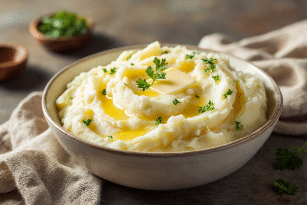 Bowl of creamy mashed potatoes with melted butter and chopped parsley