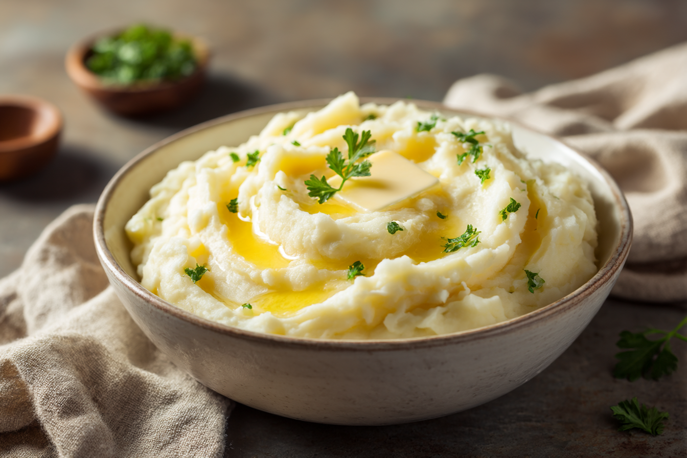 Bowl of creamy mashed potatoes with melted butter and chopped parsley