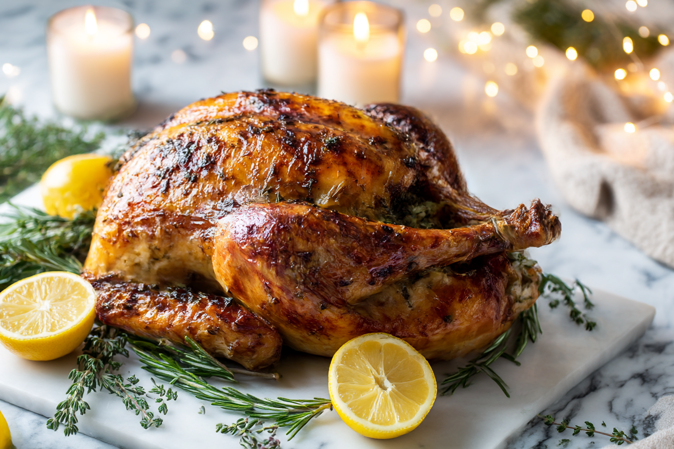 Golden juicy herb-roasted turkey with garlic butter, fresh rosemary, and lemon slices on marble background — perfect Thanksgiving centerpiece.