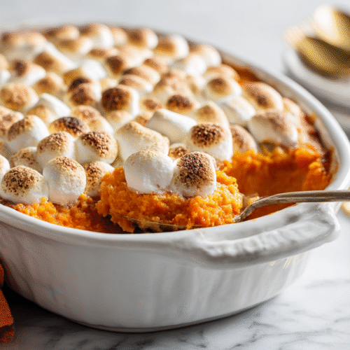 Scoop of sweet-potato-casserole-marshmallows