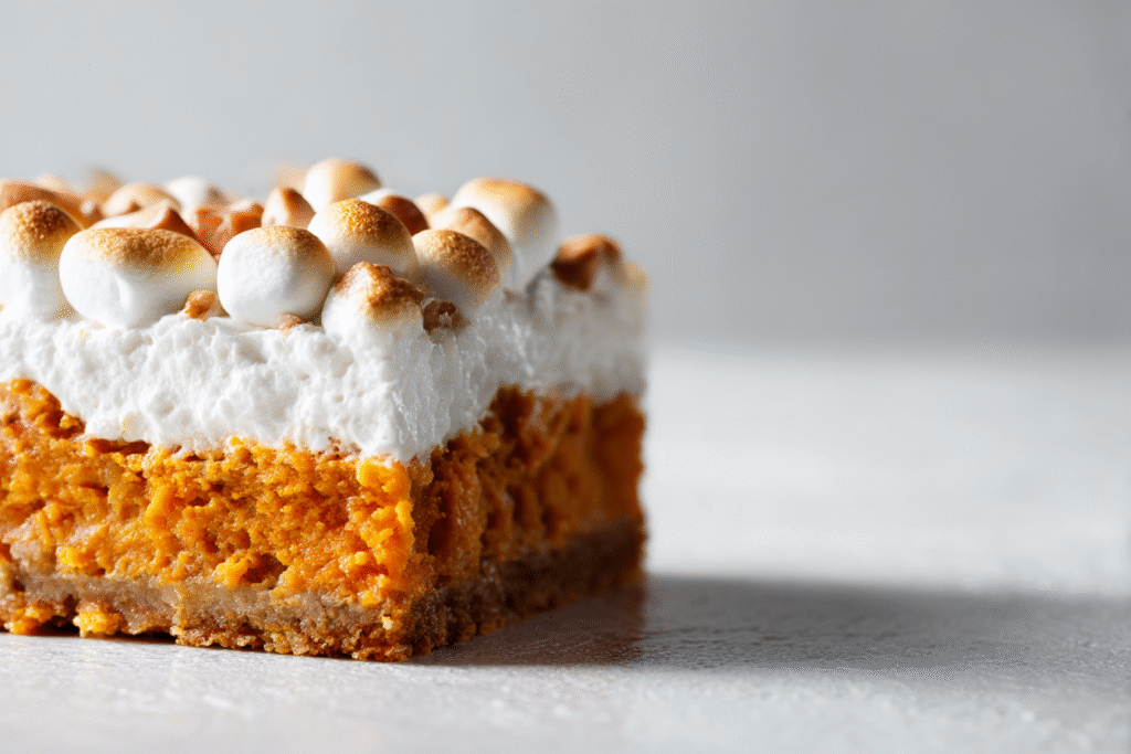 scoop of sweet potato casserole with gooey toasted marshmallows