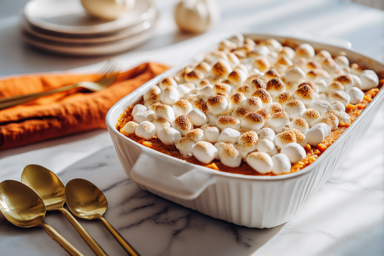 Bright sweet potato casserole topped with golden marshmallows in a white dish on marble background — cheerful Thanksgiving side dish