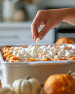 Hand topping sweet potato casserole with mini marshmallows before baking