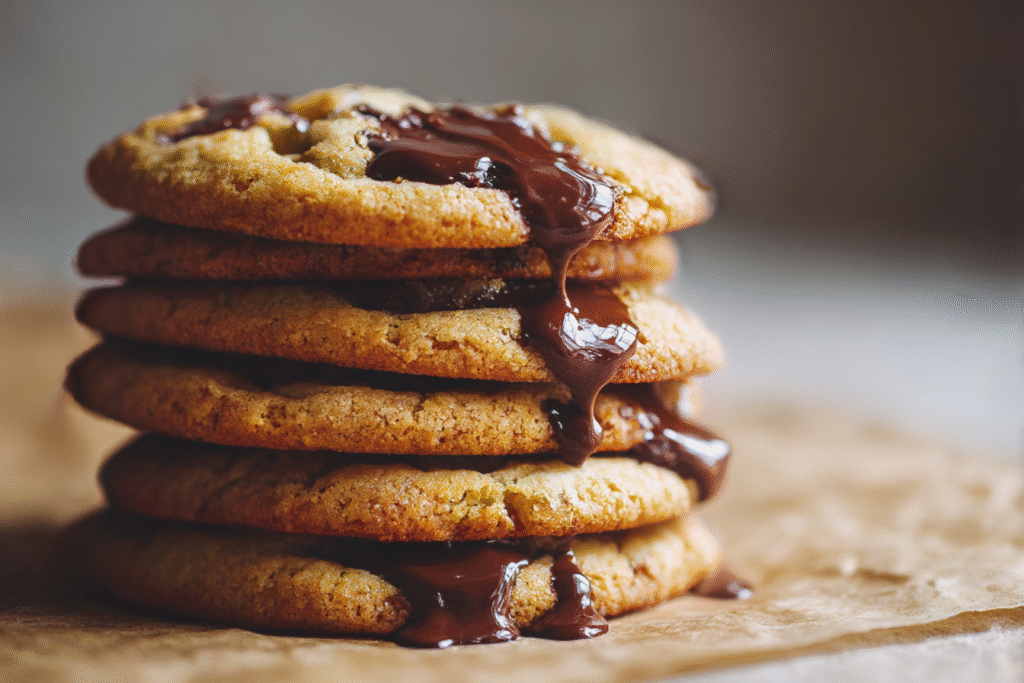 Stack of brown butter chocolate chip cookies with melted chocolate chips on parchment paper