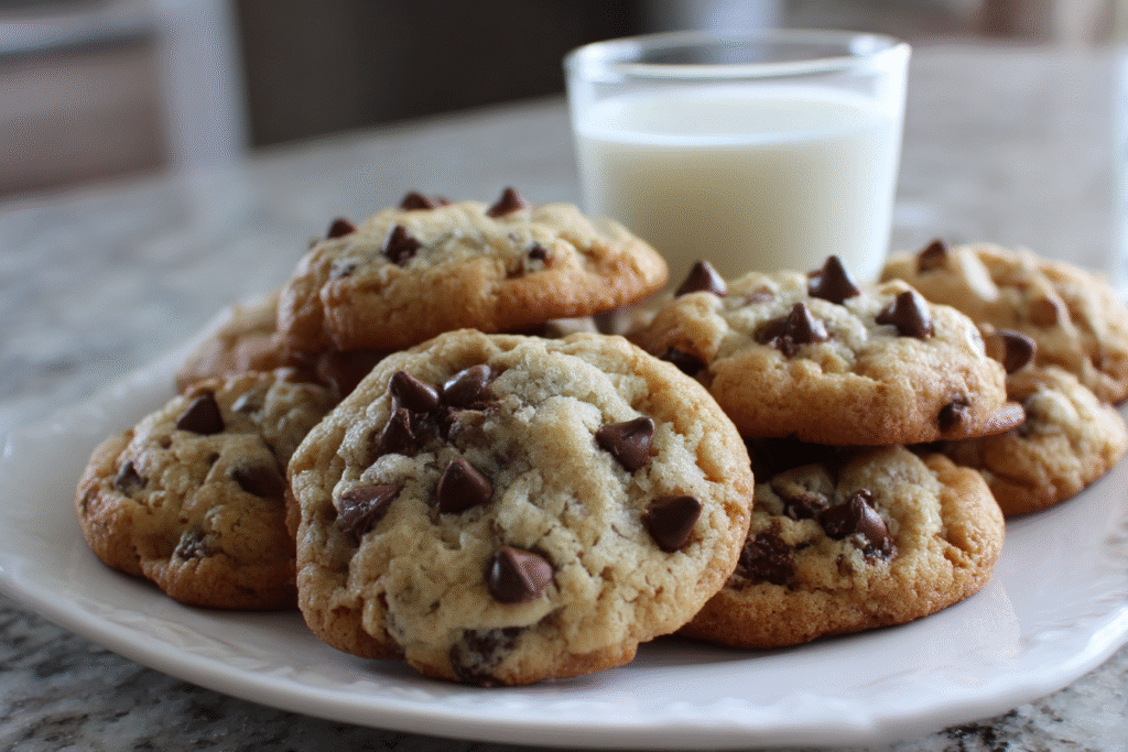Plate of freshly baked brown butter cookies with glass of milk