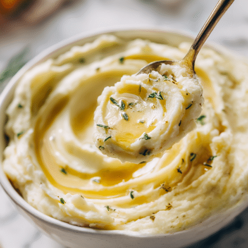 Fluffy mashed potatoes scooped from a white bowl with melted brown butter drizzle — warm family dinner moment