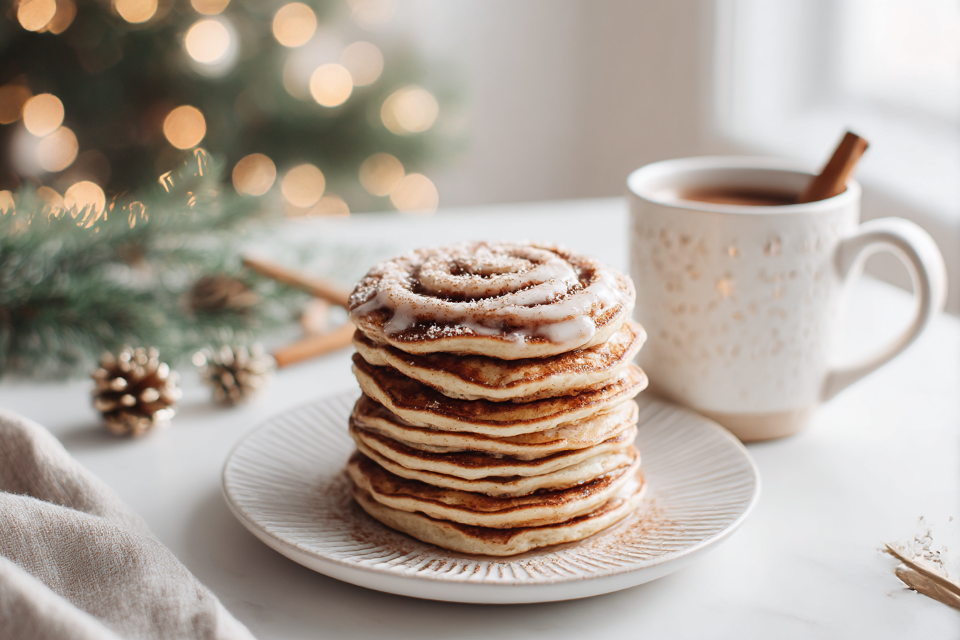 Holiday breakfast table with cinnamon roll pancakes, mug of hot cocoa, and soft festive morning