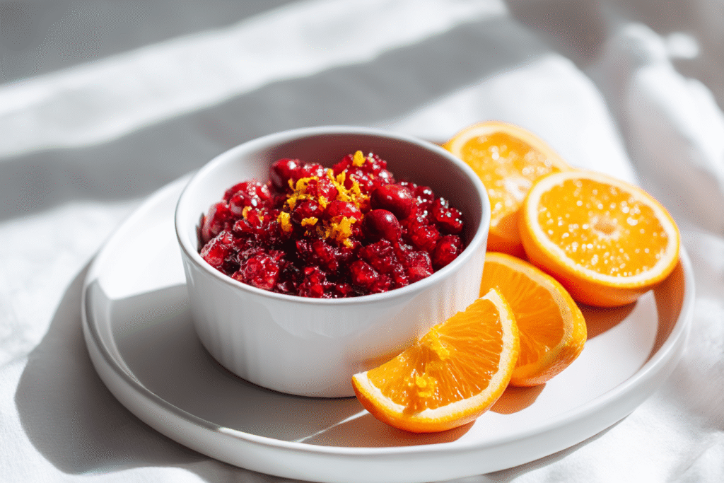 Bright cranberry orange relish in a white bowl on marble with orange zest and honey drizzle — fresh and vibrant Thanksgiving side dish