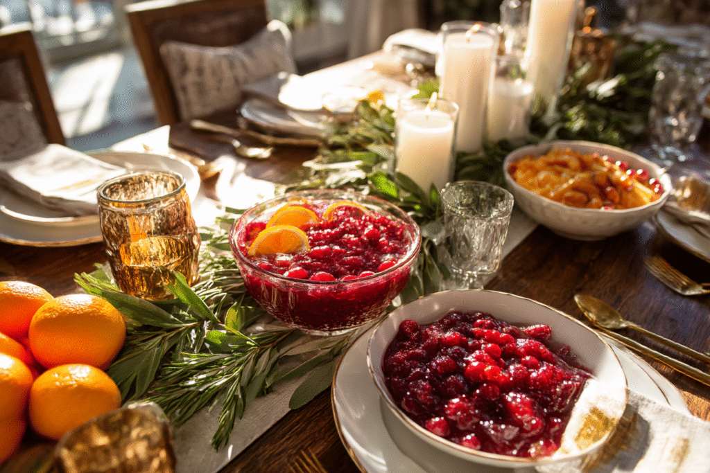 cranberry orange relish at a bright Thanksgiving table with citrus, candles, and beautiful light