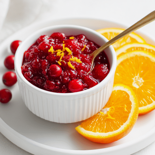 A serving of bright cranberry orange relish in a white bowl on marble with orange zest and honey drizzle — fresh and vibrant Thanksgiving side dish