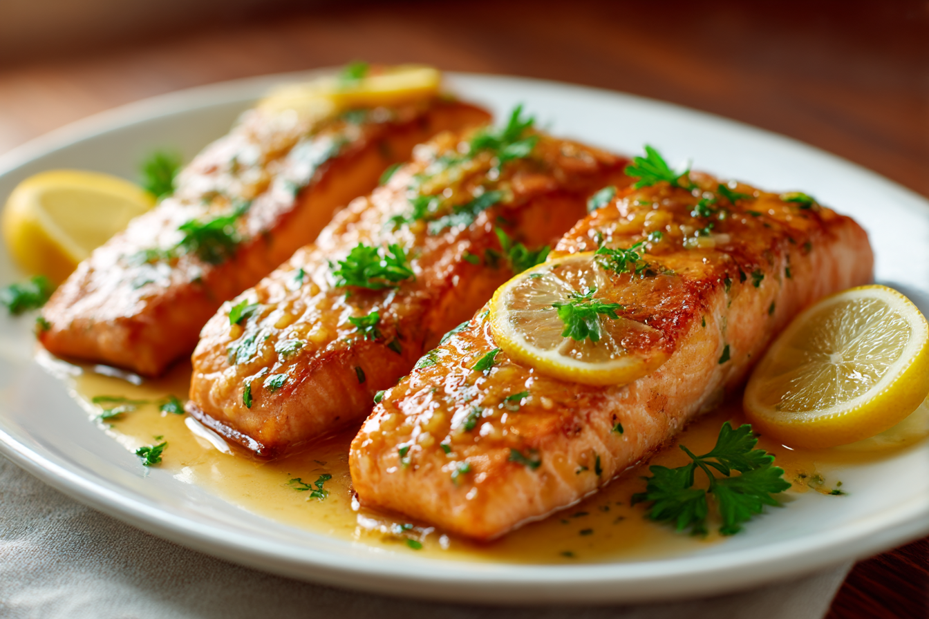 Pan-seared salmon fillets glazed with honey garlic sauce, garnished with lemon slices and parsley on white plate